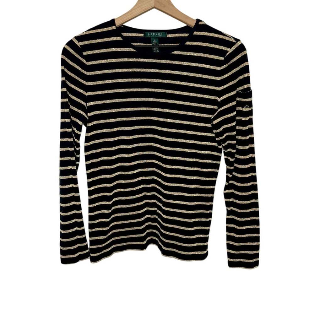 LAUREN RALPH LAUREN Black Gold Stripe Top Monogramed Arm Pocket Medium